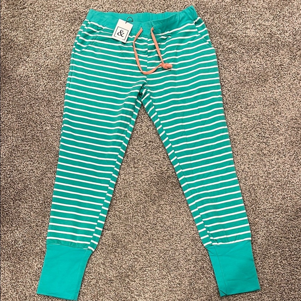 AMPERSAND AVE Green and White Striped Sweatpants with Relaxed Fit